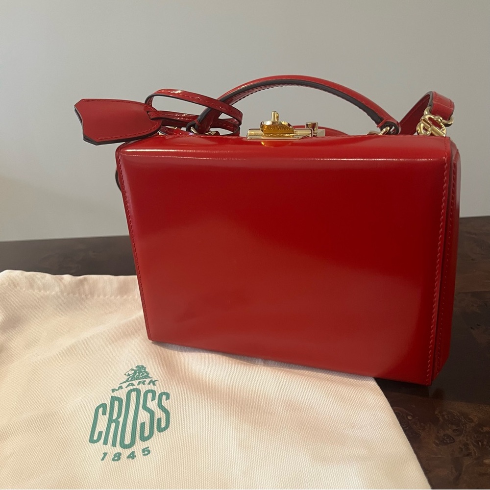 Mark Cross Grace Small Box Bag – Dover MC Red – Top Handle Crossbody – Dust Bag